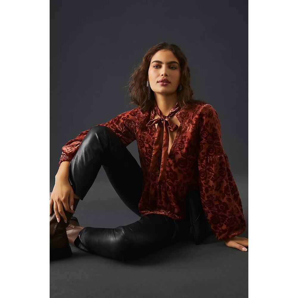 By Anthropologie Velvet Burnout Tie Neck Blouse Rust Copper Floral Peplum Med